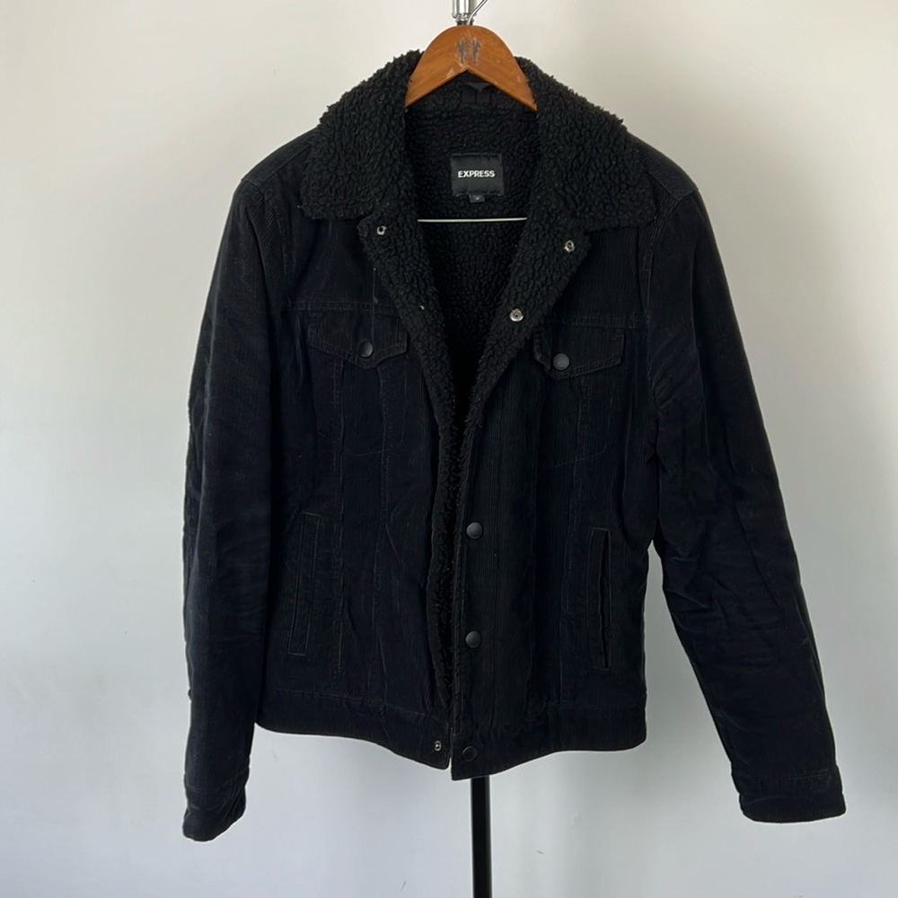 Express Sherpa Lined Corduroy Trucker Jacket - BLACK - Small